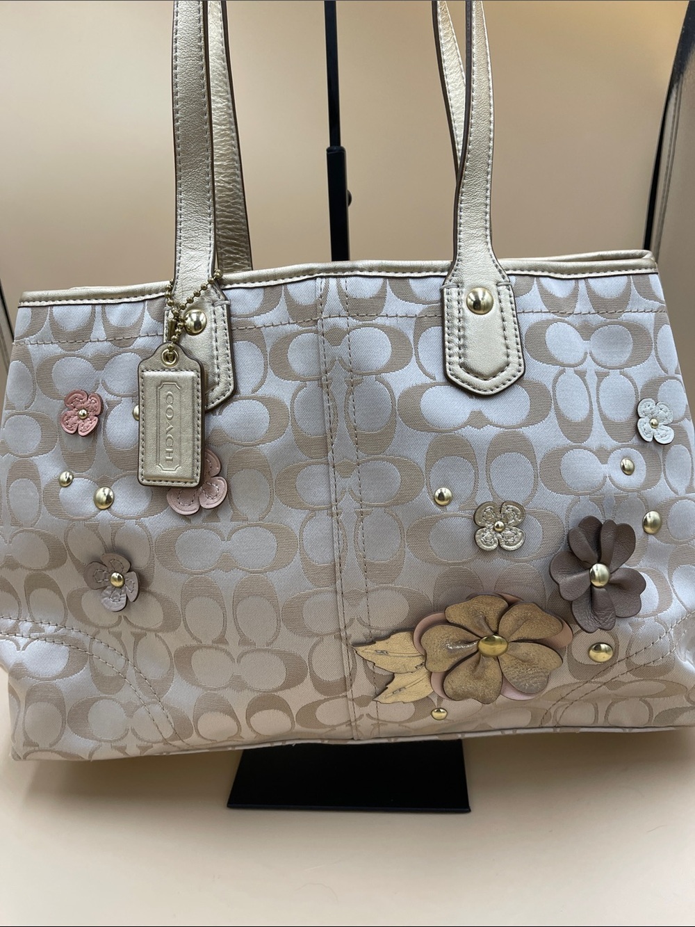 Coach Bleeker Floral Appliqué Signature Tote in Light Beige and Pastel Accents